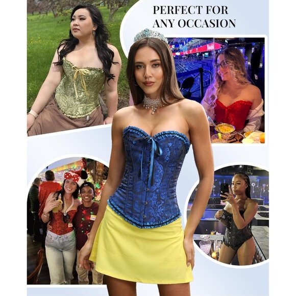 Women's Black and Blue Corset Tops Bustier Lingerie Lace Waist Push Up Bodysuit - Picture 8 of 8